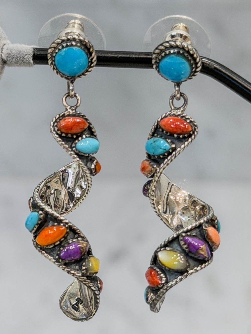 Santa fe Style Multigemstone Sterling Silver Swirl Twisted Earrings